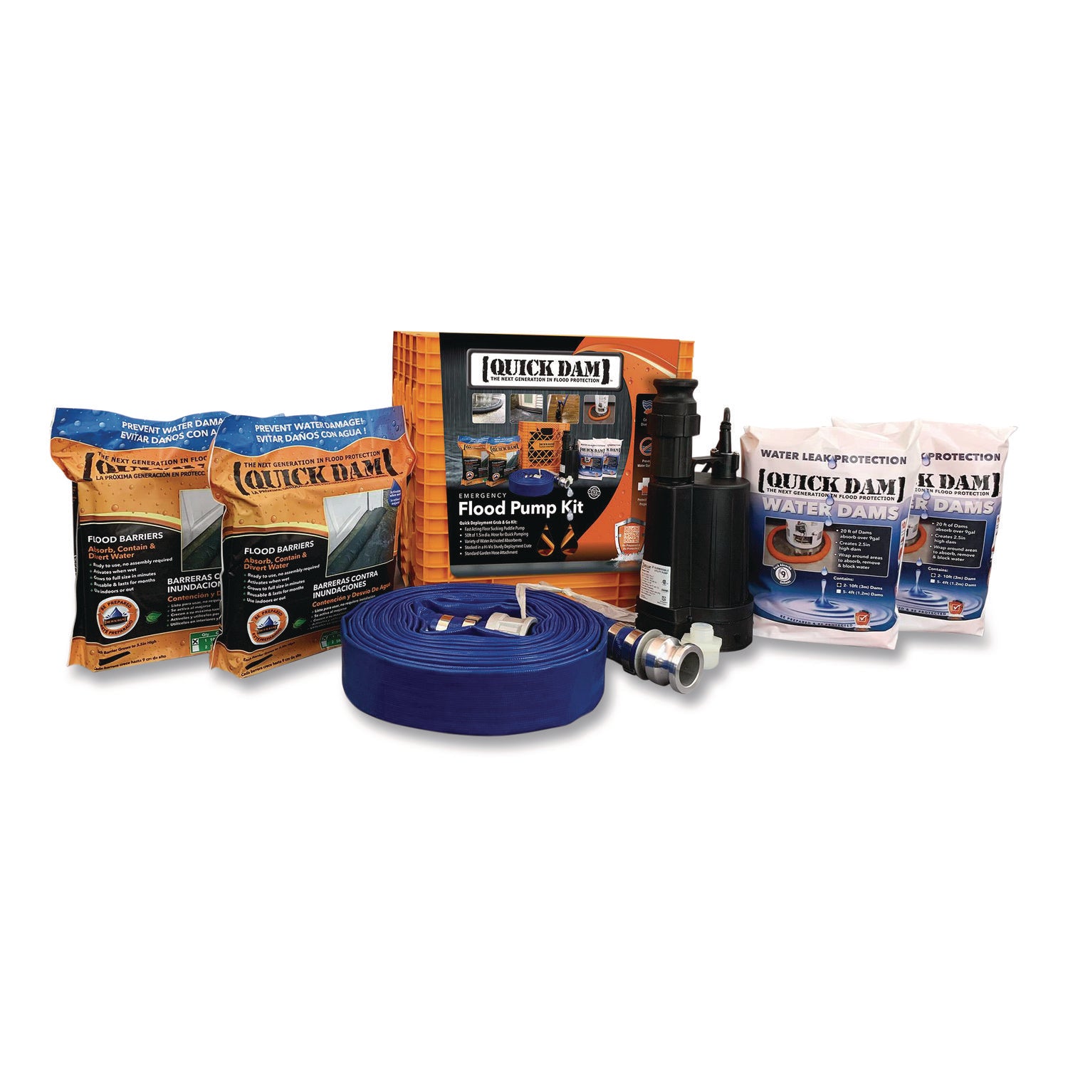 Quick Dam Pump Kit, (1) Pump, (2) 10 ft Water Barriers, (4) 10 ft Water Dams, 50 ft 1.5" dia Hose with Connectors (QKDQDPK3)