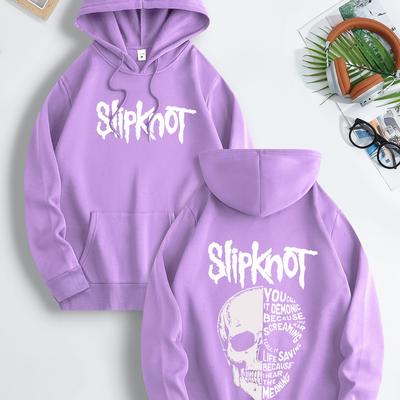 TEMU 1pc Slipknot Men's Casual Hoodie, 100% Polyester Knit Fabric With Stretch, Regular Fit Hooded Sweatshirt With Drawstring, Skull Graphic & Letter Print, Streetwear Top Image
