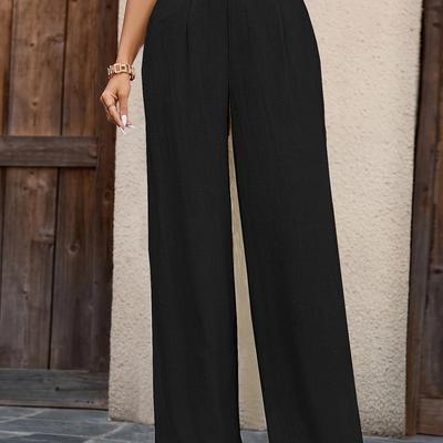 TEMU Women's High-waisted Wide-leg Linen Pants - Solid Color Comfortable Casual Trousers With Button Detail, Versatile For Casual Attire, Ladies Pants, Stylish Button Detail, Durable Fabric Image