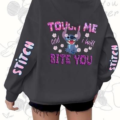 "TEMU Stitch Graphic Hoodie - " And Bite You" Design, Casual Zip-up Pullover With Cartoon Print, Lightweight & Stretchy For Fall/winter, Autumn Winter Apparel | Hoodie | Zippered Hoodie, Sweater Hoodie" Image