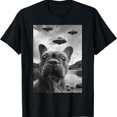 TEMU Black Casual Short Sleeved Funny French Bulldog Selfie With Ufo Men Sports T-shirt Image