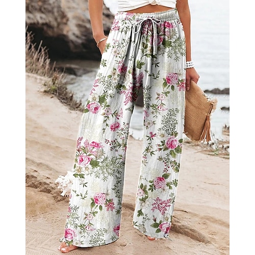 Damen Leinen-inspirierte Hosen Weites Bein Palazzo-Hose Mode Boho Volle Länge Hohe Taille Blume Elastischer Bund Bequem Atmungsaktiv Mikroelastisch Straße Alltagskleidung Ausgehen Grün Grau Sommer Image