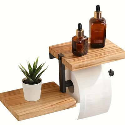 TEMU Double Layer Storage Shelf Toilet Paper Holder Bathroom Solid Wood Wrought Iron Rack Image