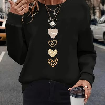 TEMU Women's Fashion Long Sleeve Round Neck Sweatshirt With Heart Pattern Image