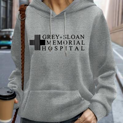 TEMU [1pc Grey Memorial Hospital Hoodie] 1pc Grey Memorial Hospital Casual Pullover Hoodie, Polyester Knit Sweatshirt With Letter Print, Stretchy Autumn/winter Hooded Top Image