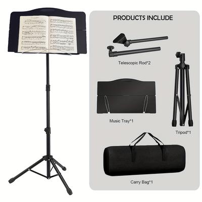 TEMU Portable Folding Music Stand For Piano, Guitar, , Ukulele & Violin - Adjustable Height With Treble Clef & Musical Note Display, Frame With Tripod Base & Carrying Ba Image
