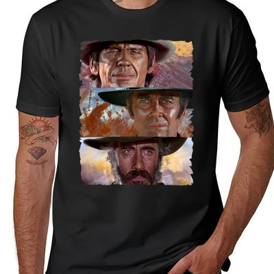 TEMU A Graphic T-shirt For Men - 100% Cotton Black Short Sleeve Round Neck Casual Western-themed Design With Iconic Film Character Portraits, Machine Washable Tee For Casual Attire, Shirt Image