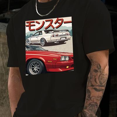 TEMU Trendy Streetwear| Men's Summer Graphic Tee - Casual Black Polyester T-shirt With Vintage Car Print, Crew Neck, Short Sleeves - Image