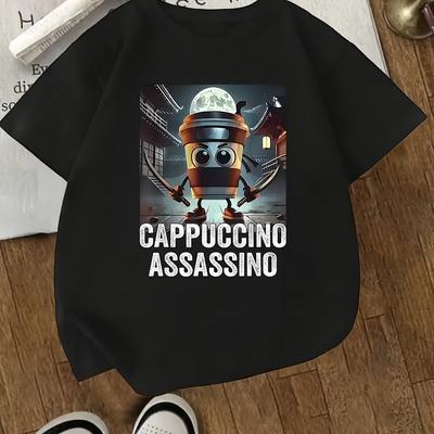 "TEMU Boys' Casual Graphic T-shirt - "cappuccino Assassin" Funny Letter Print, Black Short Sleeve Round Neck Tee For & Little Boys, Outdoor Play & Casual Attire, Boy T Shirt, Medium Elasticity Fabric" Image