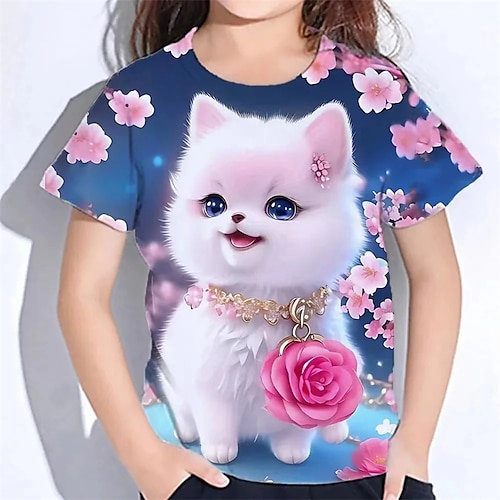 Mädchen 3D Katze T-Shirt Kurzarm Sommer Frühling Mode Basic Kinder 4-12 Jahre Rundhalsausschnitt Outdoor Lässig Täglich Normale Passform Image