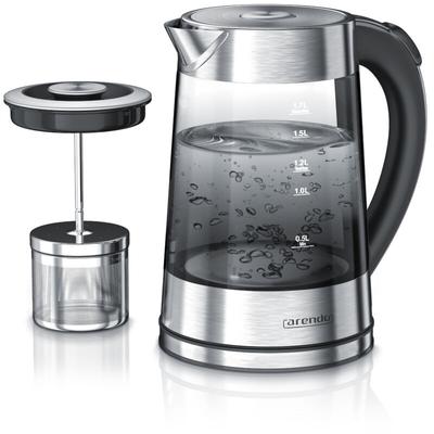 Arendo - Edelstahl Glas Wasserkocher mit Teesieb und Rauchglas Teekocher Infusion 1,7 Liter