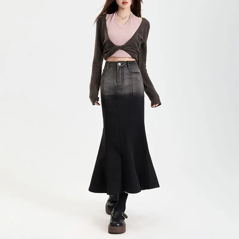 Sommerkleid Vintage Damen Sommerröcke Farbverlauf Hohe Taille A-Linie Lässige Röcke Figurbetonter langer Rock Fischschwanz Damenbekleidung Image