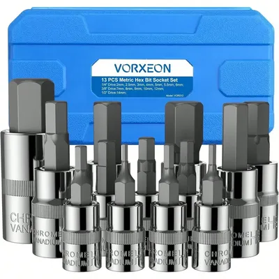 13Pcs Metric Allen Hex Bit Socket Set 2mm-14mm 50BV30 Drive Socket S2 Alloy Steel Bit with Storage Case 3 Sizes 1/4 3/8 1/2 Inch