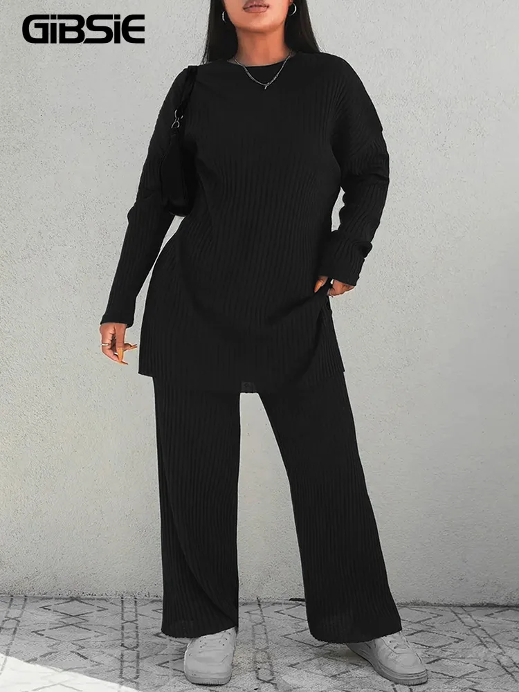 GIBSIE Plus Size Casual 2 Pieces Set For Woman 2025 Spring Autumn O-Neck Long Sleeve Split Tops And Pants Matching Outfit Sets