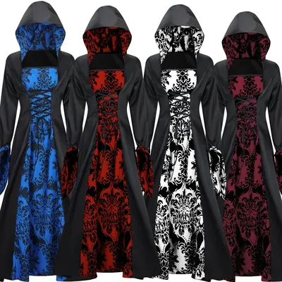 Mittelalterlicher Vintage Gothic Hoodie Hexe Langer Rock Robe Damen Partykleid Cosplay Vampir Halloween Erwachsenenkostüm Plus Größe 5XL Image