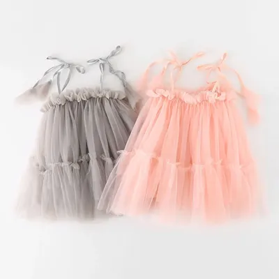 Kleinkind Mädchen Ärmelloses Solide Rosa/Grau Mesh Tüll Prinzessin Kleid Karneval Party TUTU Kleider Image