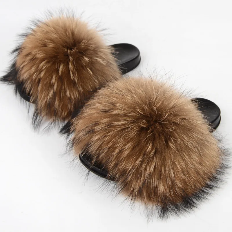 Echte Waschbär Pelz Hausschuhe Frauen Sommer Pelz Hausschuhe große Größe pelzigen Natur pelz Schuhe Strand Plüsch Slider Mode weibliche Schuhe