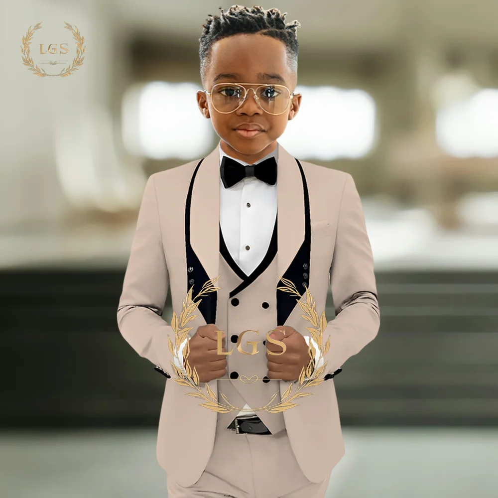 Beigefarbenes 3-teiliges Anzugset für Jungen, kontrastierendes Revers, elegantes Design für Hochzeit, Party, Gastgeber, Bühnenauftritt, Geburtstag, Anlass Image