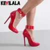 Metall Vorhängeschloss Sexy Stiletto Zapatos Mujer Runde Kappe Ankle Strap Schuhe Frau 15 cm Dünne Fersen Stripper Pumpen Plus Größe 47 48