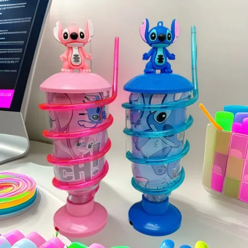 Disney Stitch Angel Water Cup Anime Plastic Cartoon Milk Iced Beverage Cup Party Products Large Capacity Water Bottle Gifts