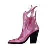2023 neue Stil Schuhe Flash Rosa Punk Strass Flamme Stiefel Für Frauen Spitz Starke Absatz Seite