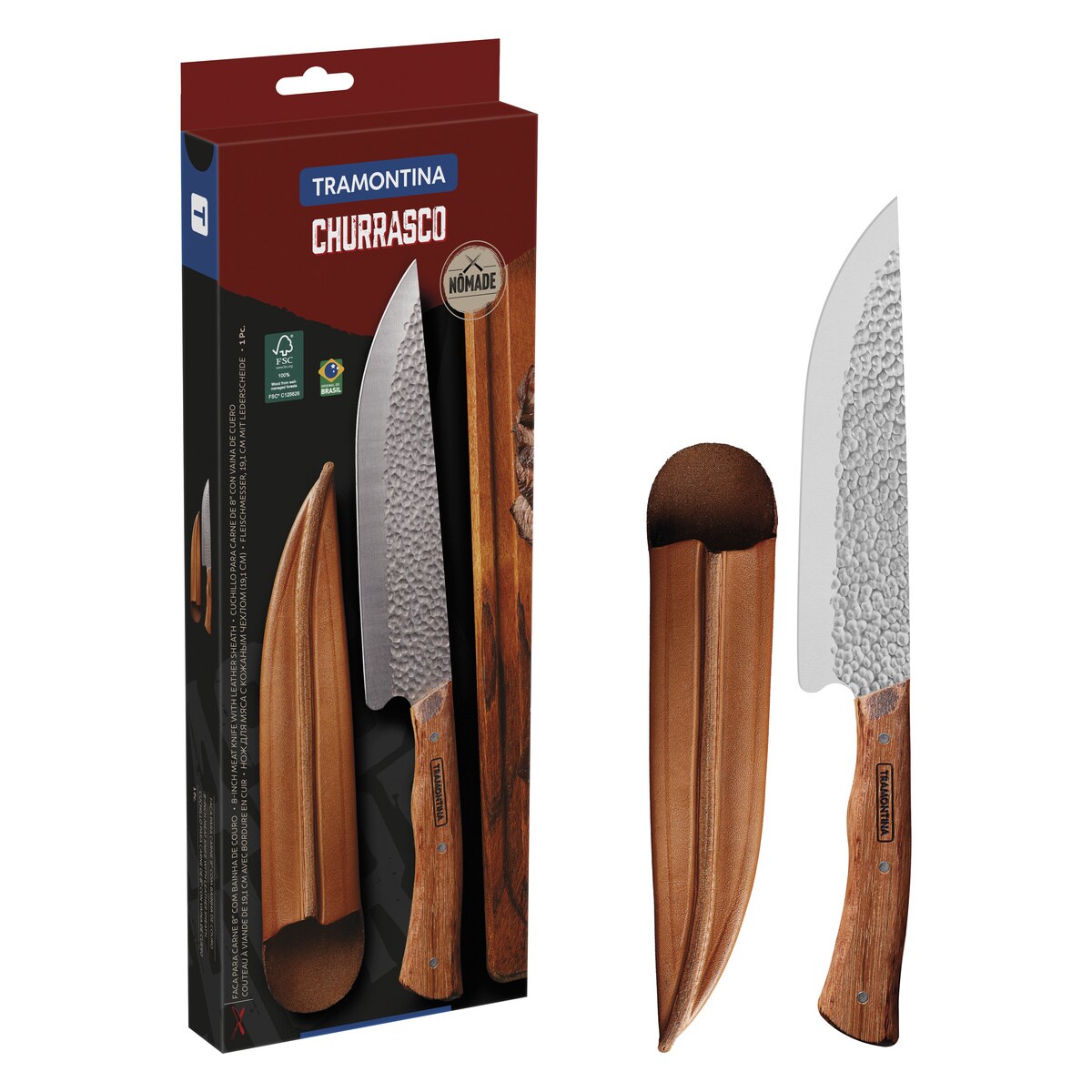 Tramontina Fleischmesser Nômade 19 cm, Hammerschlag-Klinge, rostfrei, Edelstahl, ergonomischer Griff aus FSC®-zertifiziertem Holz, inkl. Leder Etui Image
