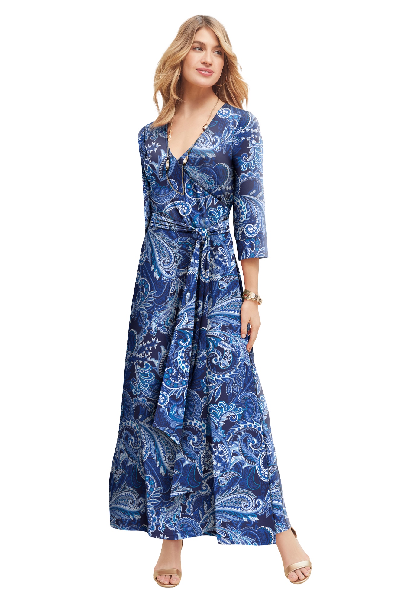 Plus Size Women's Stretch Knit Faux Wrap Maxi Dress by The London Collection in Sapphire Paisley (Size 12 W)