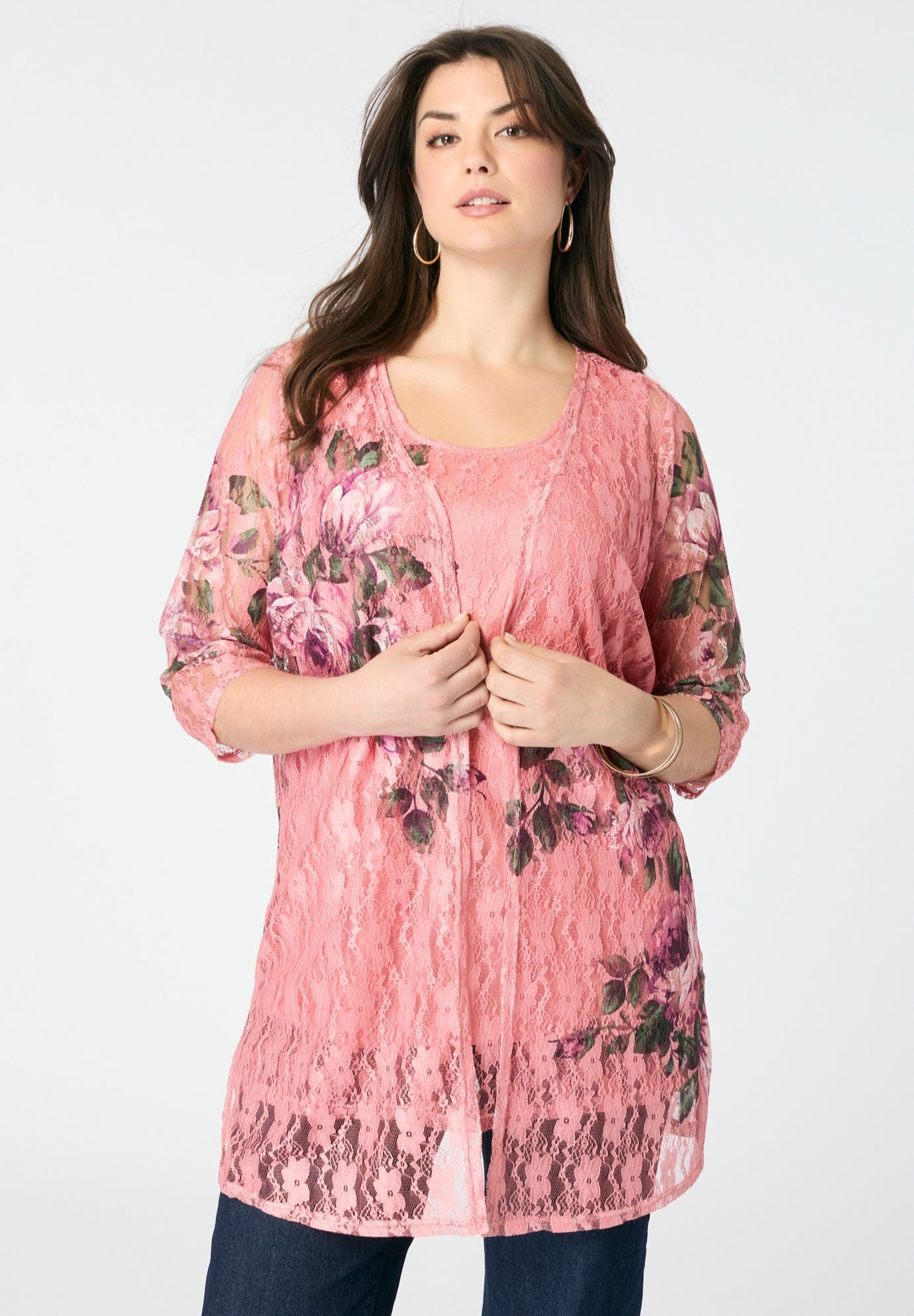 Plus Size Women's Printed Lace Cardigan by Roaman's in Mauve Blush Floral (Size 26/28)