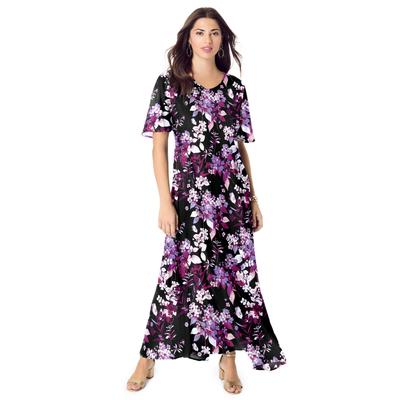 Plus Size Women's Plus Size Hand Crinkled Flutter-Sleeve Maxi Dress by Roaman's in Black Berry Floral (Size 30/32)