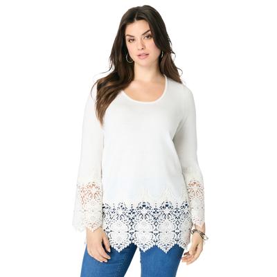 Plus Size Women's Fine Gauge Lace Pullover Sweater by Roaman's in White (Size 30/32)