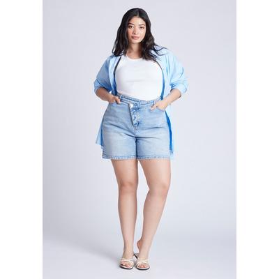Plus Size Women's Overlap Waistband Shorts by ELOQUII in Light Wash (Size 32)