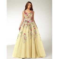 Elegantes A-Linien-Abendkleid ärmellos Spaghetti-Träger formelles Hochzeitskleid mit floralem Stickereidetail aus Tüll