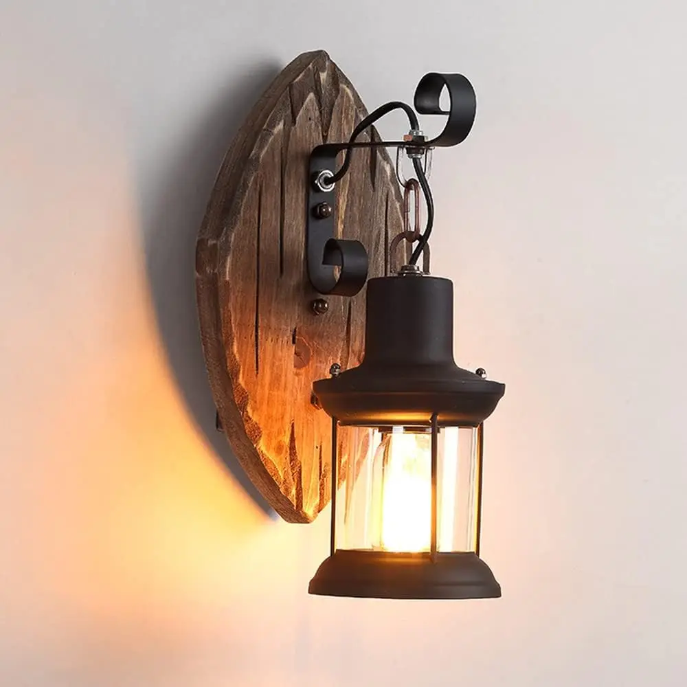 Retro-Wandleuchte aus Holz, kreative Vintage-Wandleuchten, Kunstlaterne, E27, Glas-Wandleuchte, Metall-Wandleuchte, 230 x 360 mm