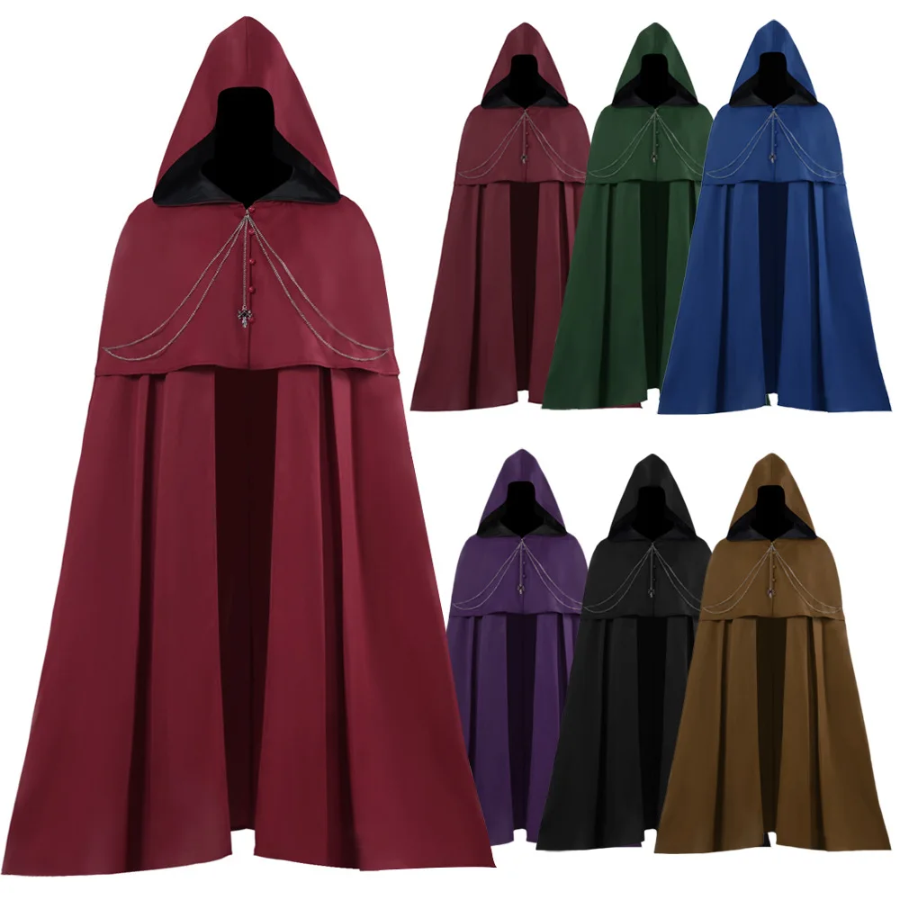 Mittelalterliche Kleidung Umhang Umhang Robe Steampunk Kostüm Gothic Kapuze Outfit Männer Tod Vampir Dark Knight Krieger Cosplay für Erwachsene Image