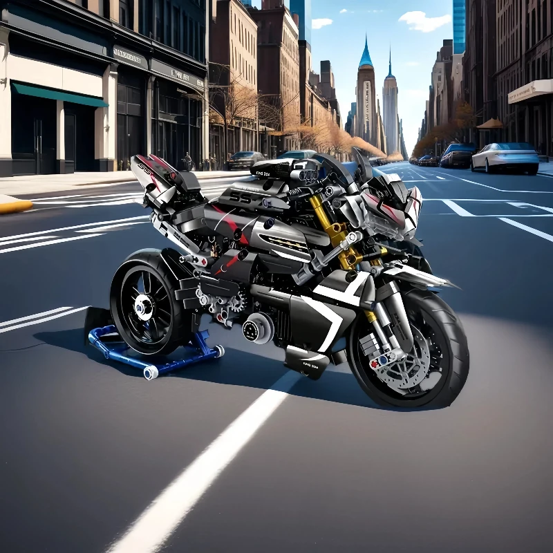 Coole Motorrad-Bausteindekoration im Maßstab 1:8. Ein zusammengebautes Motorrad-Sammelmodell mit mittlerem Schwierigkeitsgrad. Lustiges Festival-Geschenk/Birt Image