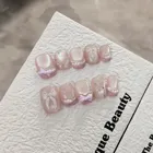 10Pcs Handmade Press on Nails Pink Cat's Eye Bow Glitter False Nail Short Ladder Detachable Wearable Nail Art for Women&Girl
