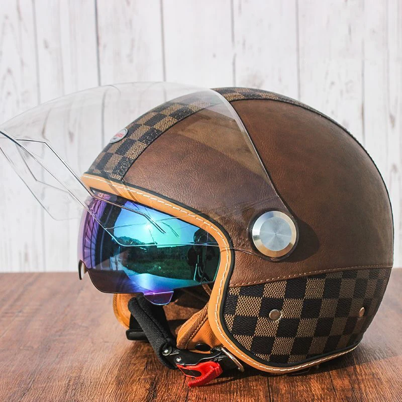 Braunes Leder 3/4 Jethelm Original DOT-zugelassene Motorradhelme Dual Lens Jet Scooter Jethelme Cascos Para Moto Image