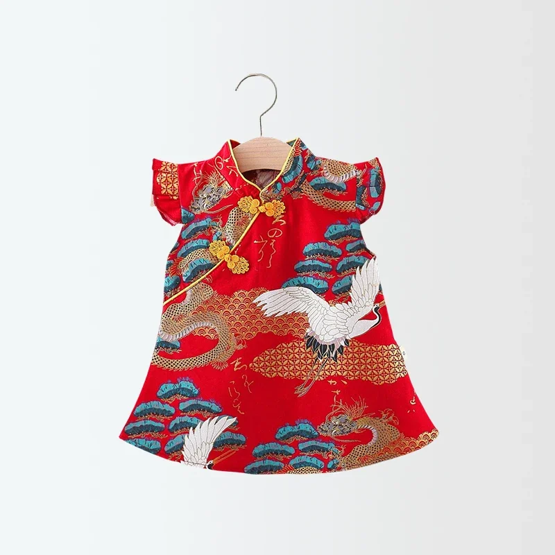 Sommer Chinesischen Stil Cheongsam Kleid Baby Mädchen Kleid Baby Mädchen Ganzkörper Gedruckt Kleine Fly Ärmel Stehkragen Kleid Image