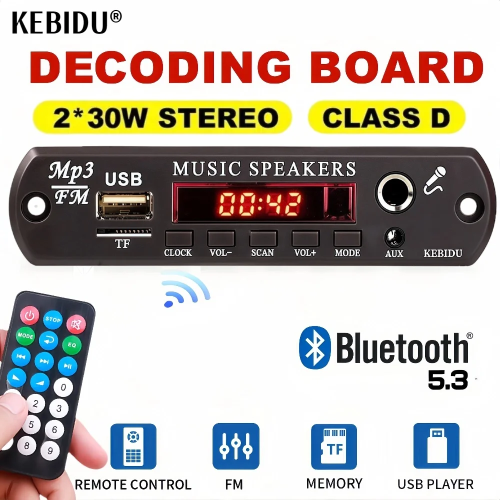 30W 60W Verstärker 12V MP3 Decoder Board Bluetooth 5,3 Stereo Audio DIY Auto MP3 Player FM Radio TF USB 6,5mm Mic Jack Rekord Anruf Image