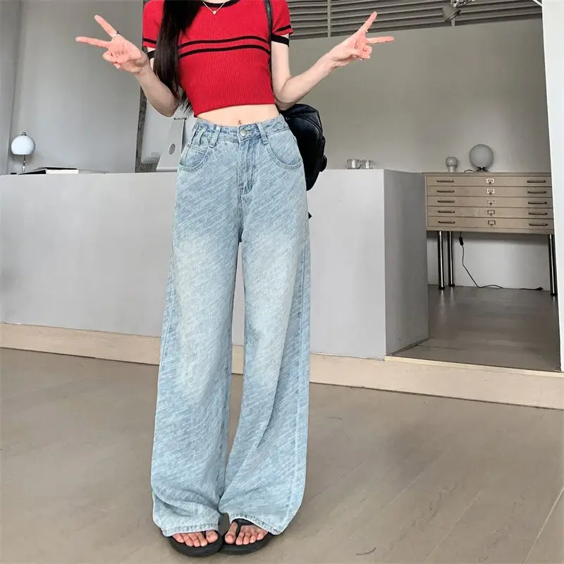 Hellblaue Jeans mit weitem Bein und geradem Schnitt für Damen, lockere hohe Taille, Sommer-Schlankheitshose, High Street INS, trendige bodenlange Y2K-Hose Image