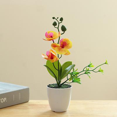 Artificial Orchid Potted Flower Plant, Faux Phalaenopsis Flower Arrangement, Realistic Silk Orchid in Pot for Home Office Table Centerpiece Decor