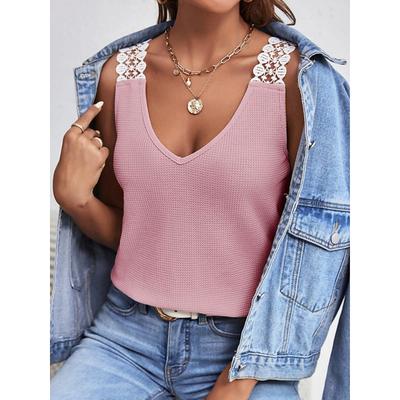 Women's Camisole Tank Top Solid Color Daily Casual Sleeveless V Neck Regular Tops Daily Lace Patchwork Black Pink Apricot Gray Summer
