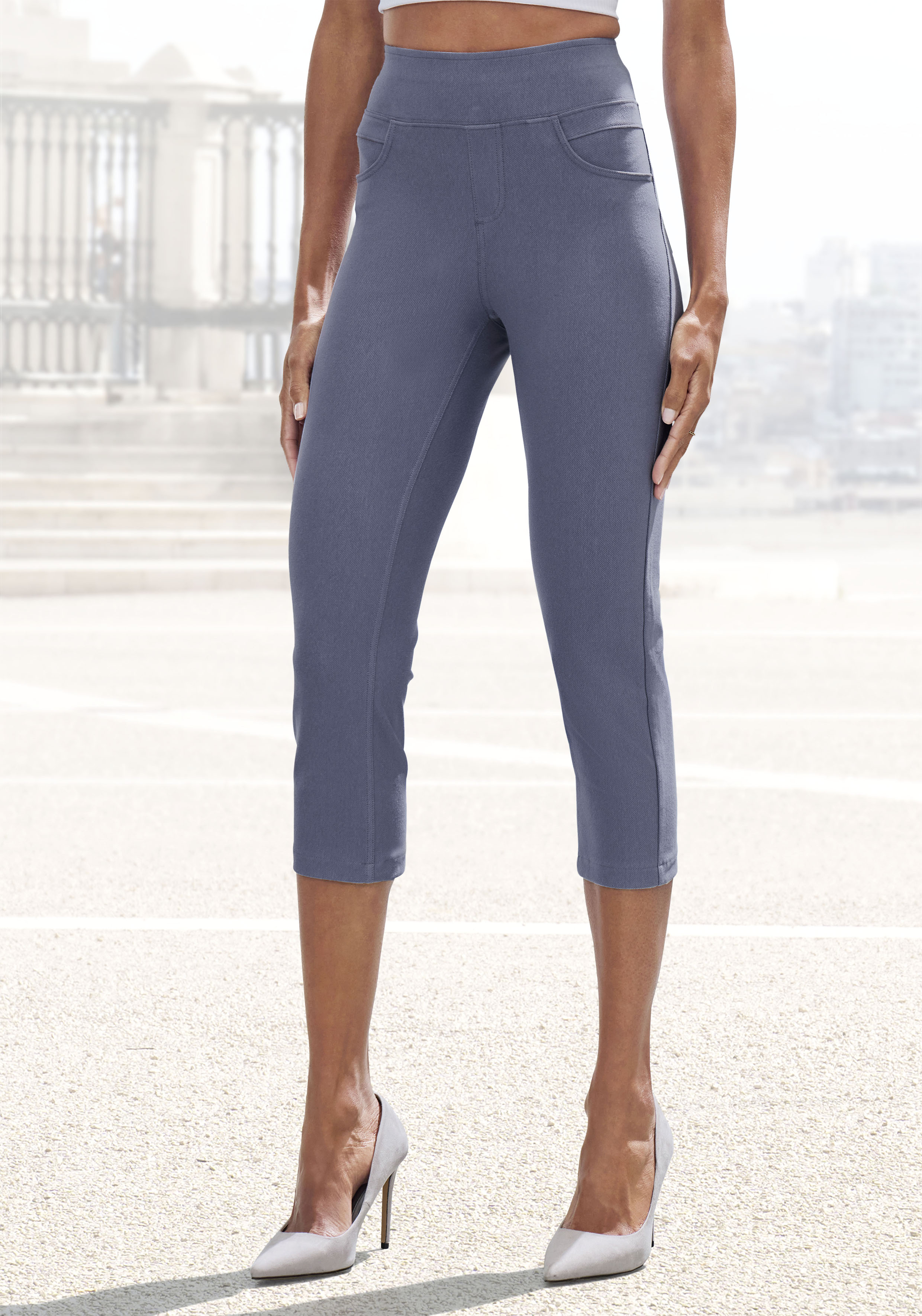 Caprihose H.I.S, Damen, Gr. 40/42, N-Gr, blau (jeans blau), Obermaterial: 70% Baumwolle, 25% Polyester, 5% Elasthan, unifarben, Basic, Hosen Caprihose, im Schlupfhosen Style