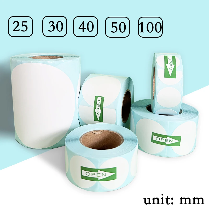 25/30/40/50/100 mm weißer Kreis-Thermo-Rollenaufkleber, rundes Etikett, selbstklebend, klebend, beschreibbares Material, Sortieretikett, Verpackungssiegel Image