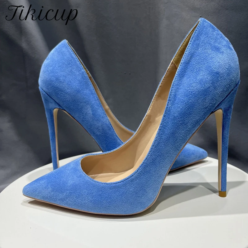 Tikicup Blau Synthetische Wildleder High Heels Frauen Sexy Spitz Slip Auf Stilettos Pumps Elegante Damen Weiche OL Kleid Schuhe Größe 46