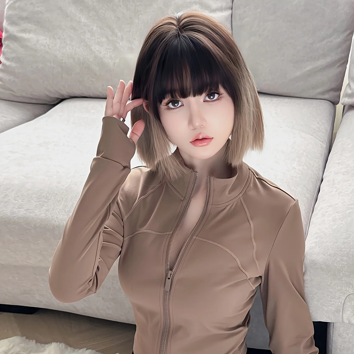 Kurze gerade Bob-Perücke, hochdichte synthetische Ombre-Perücke in Schwarz bis Hellbraun, für Damen, täglicher Partygebrauch, hitzebeständig