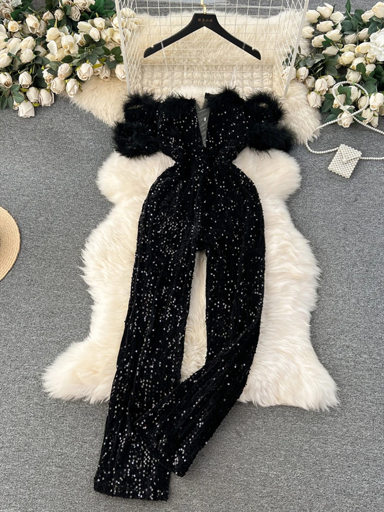 Frauen Weg Schulter Elegante Plüsch Gespleißt Pailletten Top Licht Luxus Temperament Hohe Taille Breite Bein Hosen Overall Image