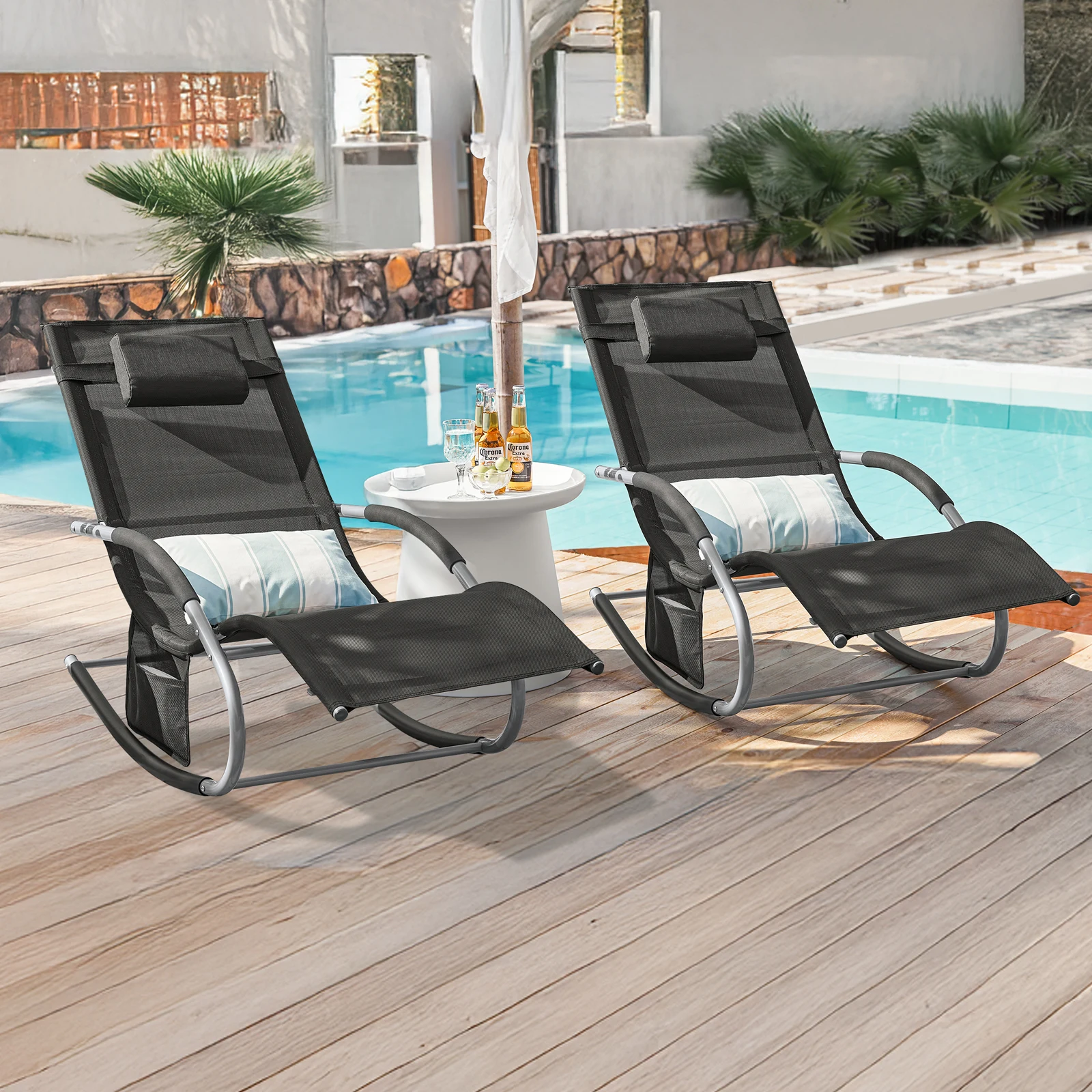 SoBuy OGS28x2 Sonnenliege 2-er Set Gartenliege schuakel mit Tasche und Kopfkissen luftig Liegestuhl für Gärten, Höfe, Strände Image