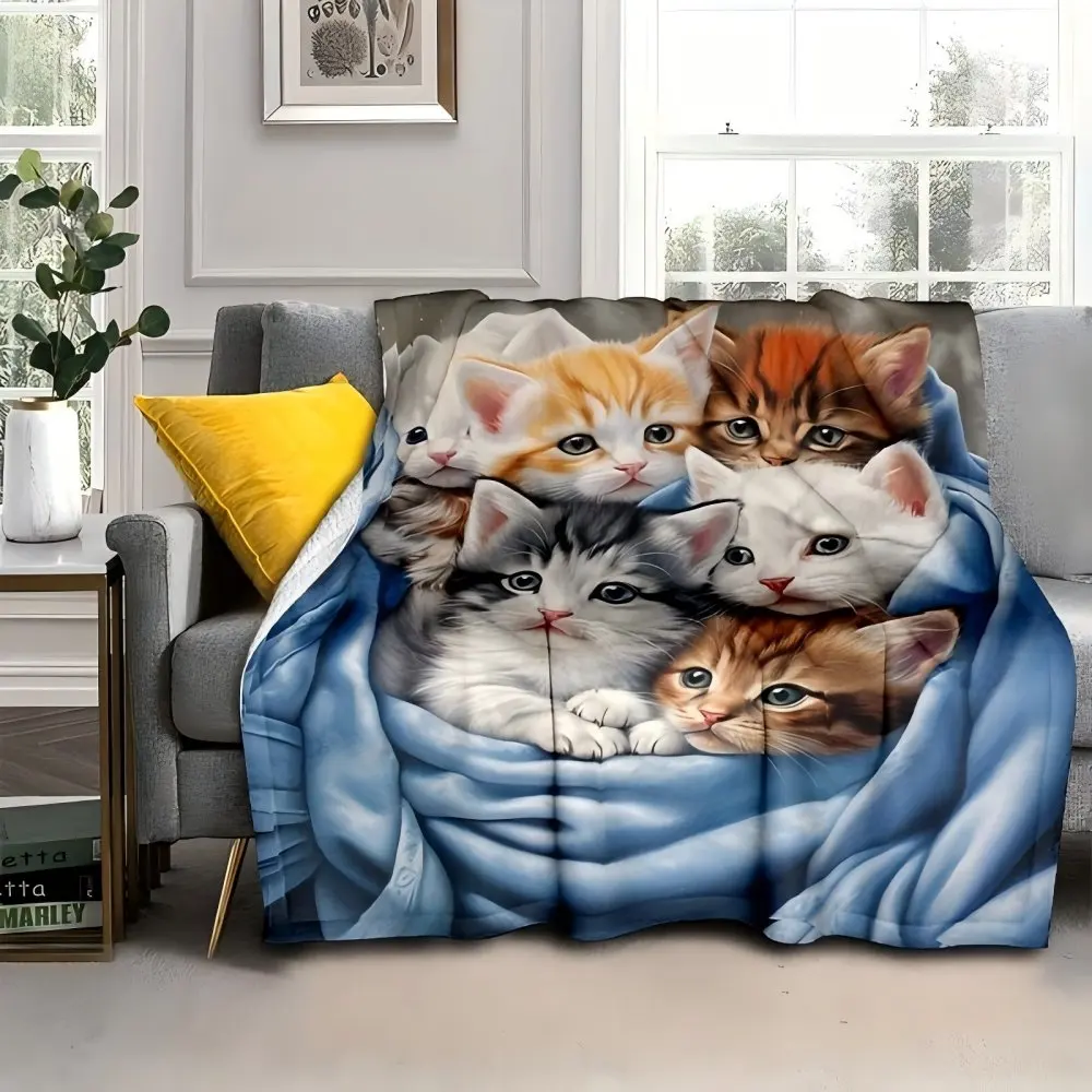 VIKAMA Reisedecke mit bezauberndem Katzenmuster, für Wohnzimmer, Sofa, Schlafzimmer, ganzjährig, warm, gemütlich, niedlich, Haustier, Heimdecke, individuelle Decke Image