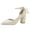 Größe 30-44 Chunky Heel Schuhe Frauen Satin einfarbig High Heels Band Point Toe Hochzeits schuhe